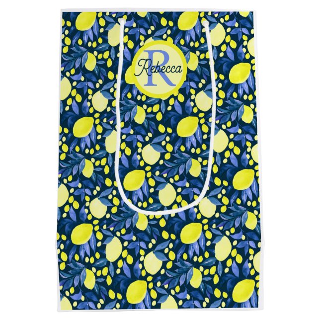 Elegant monogramnamn Rustik Citrus Citroner Blått  (Baksidan)