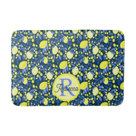 Elegant monogramnamn Rustik Citrus Citroner Blått  Badrumsmatta