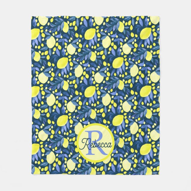 Elegant monogramnamn rustika citrusar lemon blå bl fleecefilt (Framsidan)