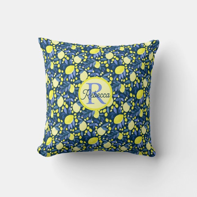 Elegant monogramnamn rustika citrusar lemon blå bl kudde (Framsida)