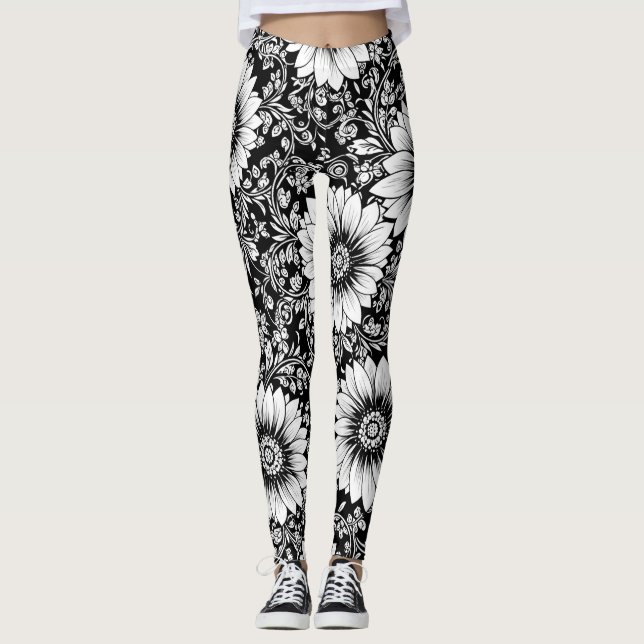 Elegant Monokrom Blommig Lyx Mönster (5) Leggings (Framsida)