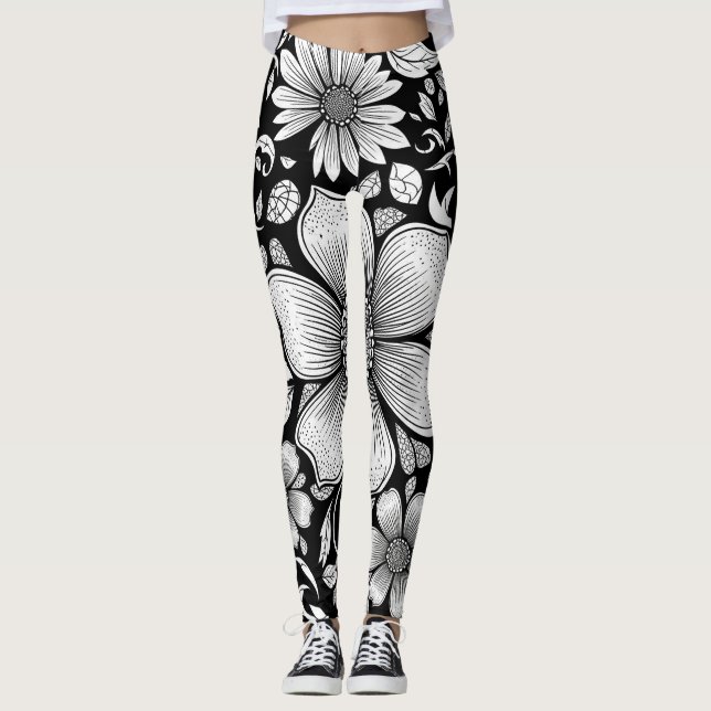 Elegant Monokrom Blommig Lyx Mönster (6) Leggings (Framsida)