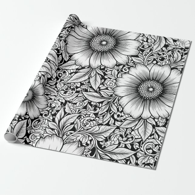 Elegant Monokrom Blommig Lyx Mönster (7) Presentpapper (Utrullad)