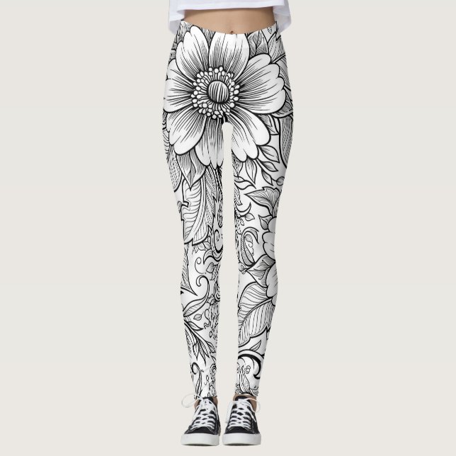 Elegant monokrom blommig lyxig mönster (3) leggings (Framsida)