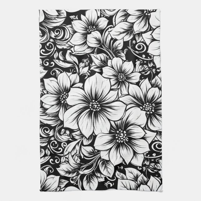 Elegant monokrom blomsterluxe mönster (1) kökshandduk (Vertikal)