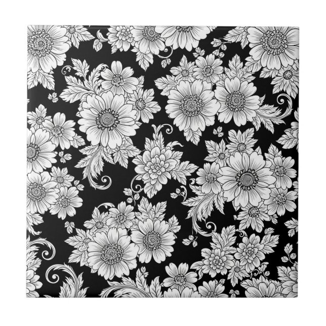 Elegant monokrom blomsterluxe mönster (2) kakelplatta (Framsidan)