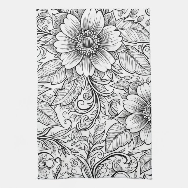 Elegant monokrom blomsterluxe mönster (3) kökshandduk (Vertikal)