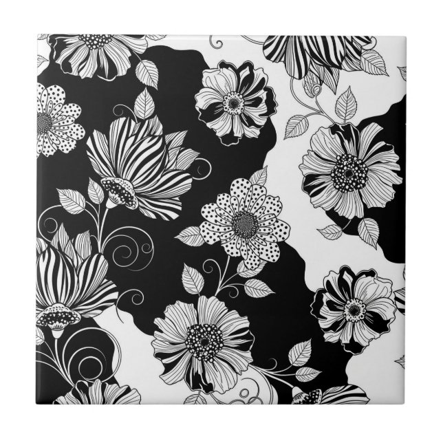 Elegant monokrom blomsterluxe mönster (4) kakelplatta (Framsidan)