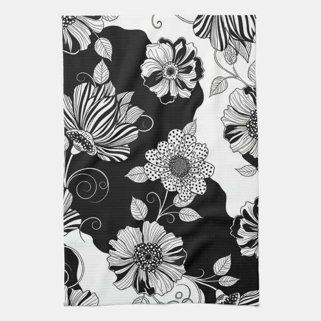 Elegant monokrom blomsterluxe mönster (4) kökshandduk (Vertikal)