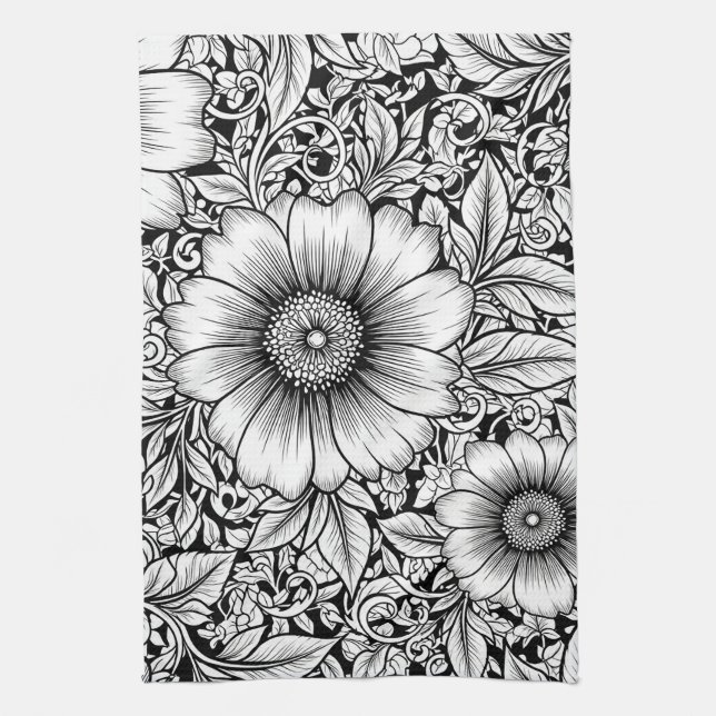 Elegant monokrom blomsterluxe mönster (7) kökshandduk (Vertikal)