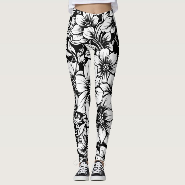 Elegant monokrom blomsterlyx mönster (1) leggings (Framsida)