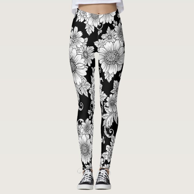 Elegant monokrom blomsterlyx mönster (2) leggings (Framsida)