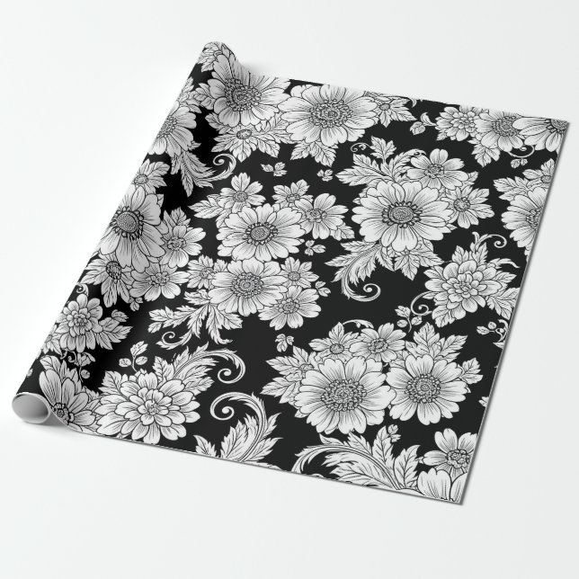 Elegant monokrom blomsterlyx mönster (2) presentpapper (Utrullad)