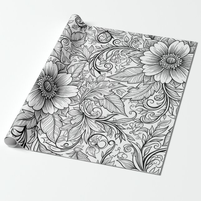 Elegant monokrom blomsterlyx mönster (3) presentpapper (Utrullad)