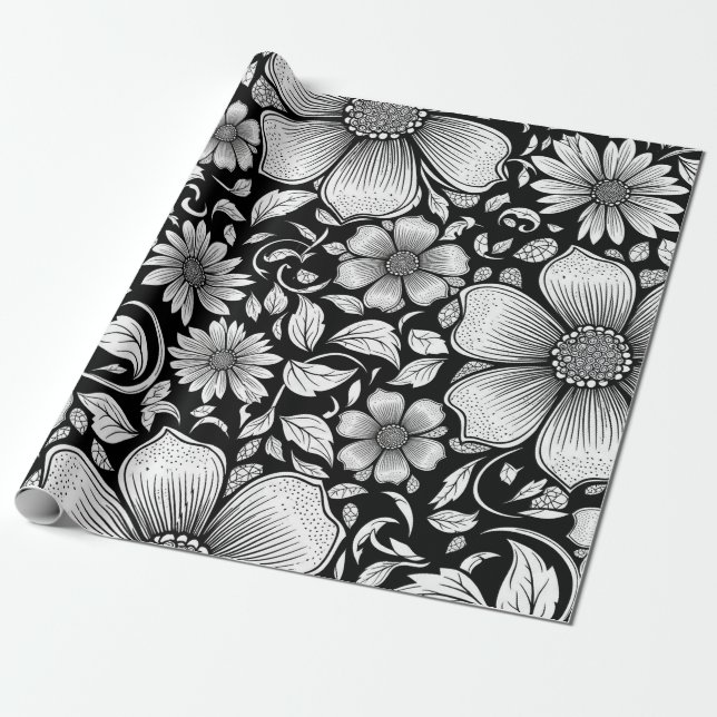 Elegant monokrom blomsterlyx mönster (6) presentpapper (Utrullad)