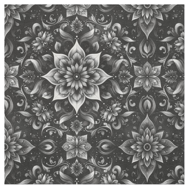 Elegant Monokrome Ornate Blommigt Fabric Tyg (Närbild)