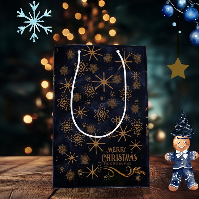 Elegant Mönster, blå God jul (Elegant Pattern Blue Merry Christmas Medium Gift Bag)