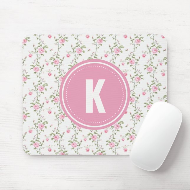 Elegant Mönster med Rosa Rosor och Initial Musmatta (Med mus)