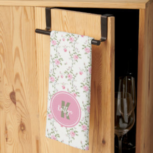 Elegant Mönster med Rosa Rosor och Initialer Kökshandduk