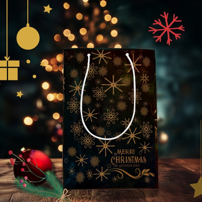 Elegant Mönster SVART GULD God Jul (Elegant Pattern BLACK GOLD Merry Christmas Medium Gift Bag)