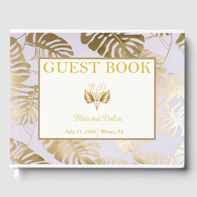 Elegant Monstera Gilded Guld Bröllop Guest Bok (Framsida)