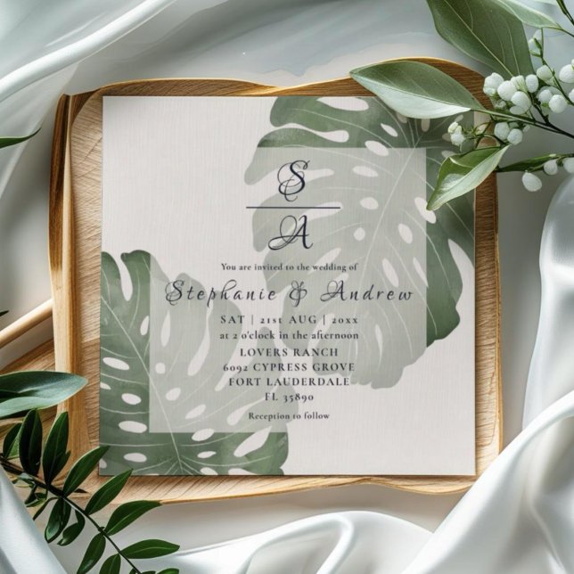 Elegant Monstera Smaragdgrön Bröllop Inbjudningar (Skapare uppladdad)