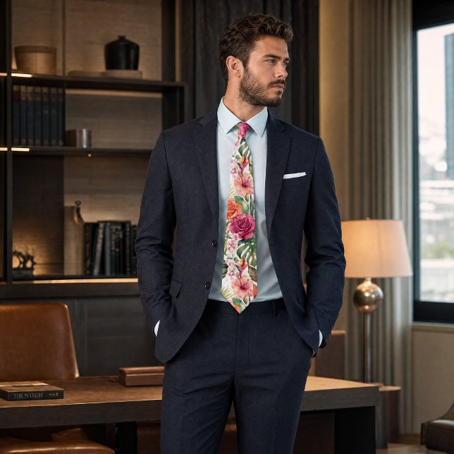 Elegant mönstrad slips – Lyxig modern geometrisk (Tropical Floral Colorful | Hibiscus & Greener Neck Tie)