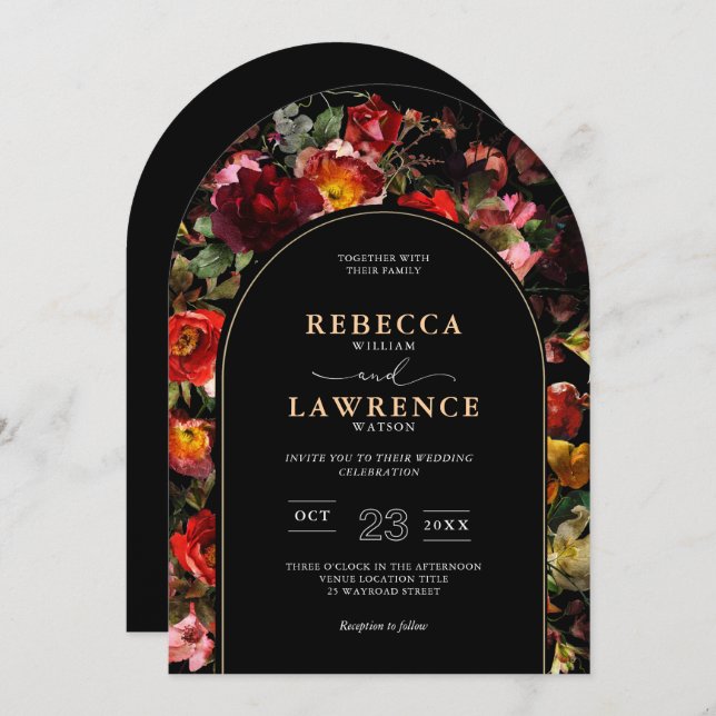 Elegant Moody Blommigt Black Arch Bröllop Inbjudningar (Fram/baksida)