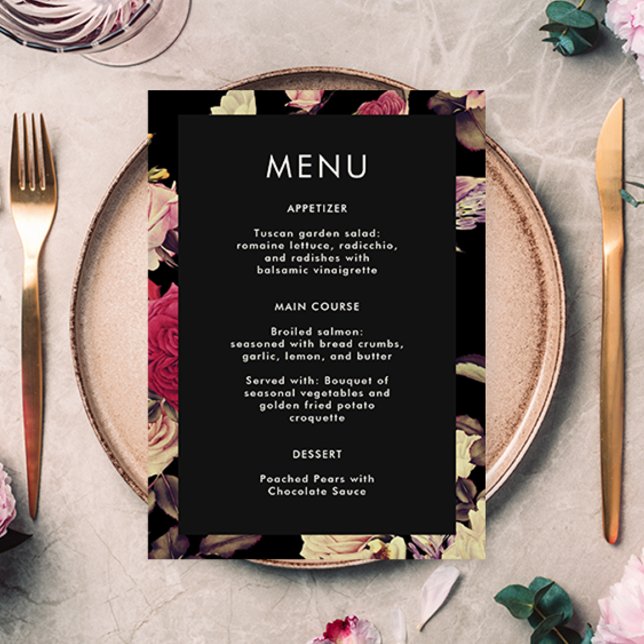 Elegant Moody Blommigt Bröllop-meny (Elegant and stylish botanical wedding menu includes a beautiful black floral back of the card.)