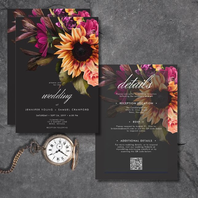 Elegant Moody Blommigt för solnedgång allt i ett Inbjudningar (Elegant Moody Vibrant Sunset Floral All In One Invitation)