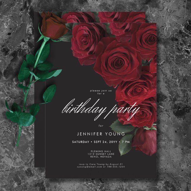 Elegant Moody Blommigt Ro  födelsedag Inbjudningar (Elegant Moody Blood Roses Floral Birthday Invitation)