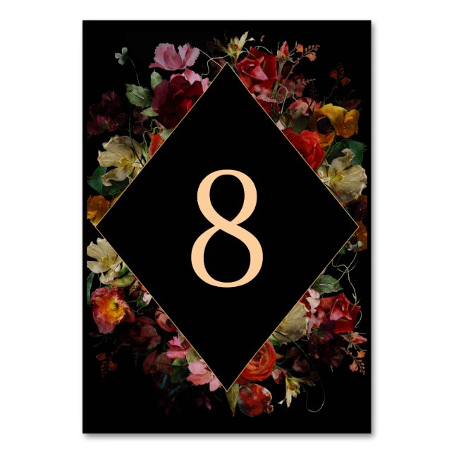 Elegant moody blommigt svart bröllop bordsnummer (Framsidan)