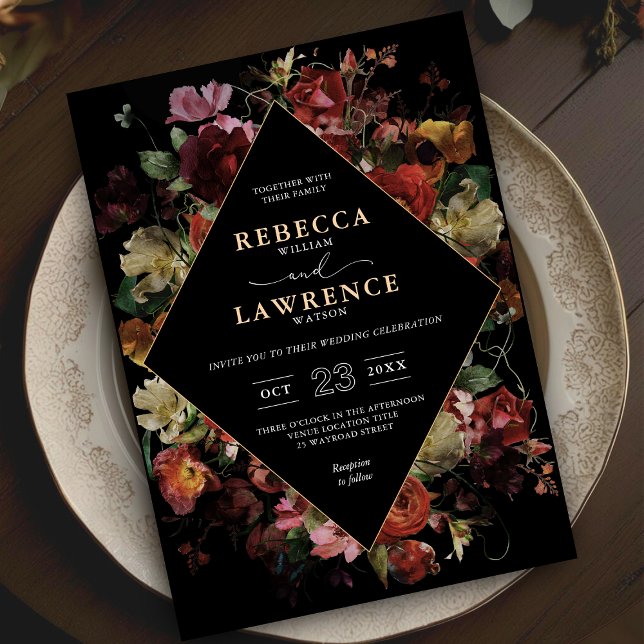Elegant moody blommigt svart bröllop inbjudningar (Skapare uppladdad)
