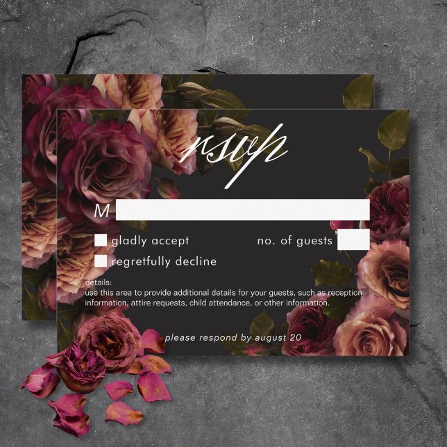 Elegant Moody Blommigt utan matning av upplöst Rus OSA Kort (Elegant Moody Muted Rust Burgundy Floral No Dinner RSVP Card)