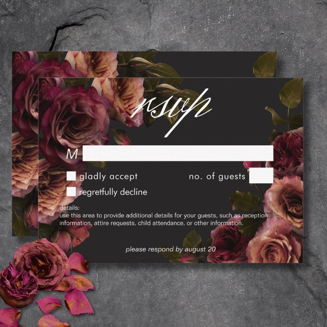 Elegant Moody Blommigt utan matning av upplöst Rus OSA Kort (Elegant Moody Muted Rust Burgundy Floral No Dinner RSVP Card)