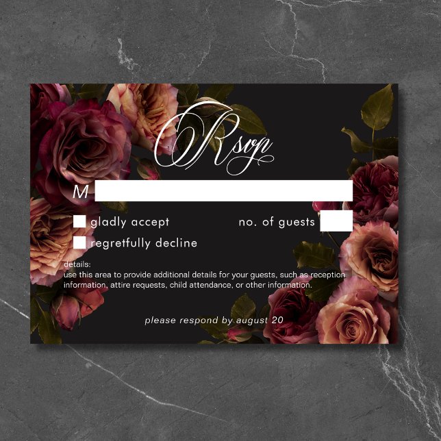 Elegant Moody Blommigt utan matning av upplöst Rus OSA Kort (Elegant Moody Muted Rust Burgundy Floral No Dinner RSVP Card)