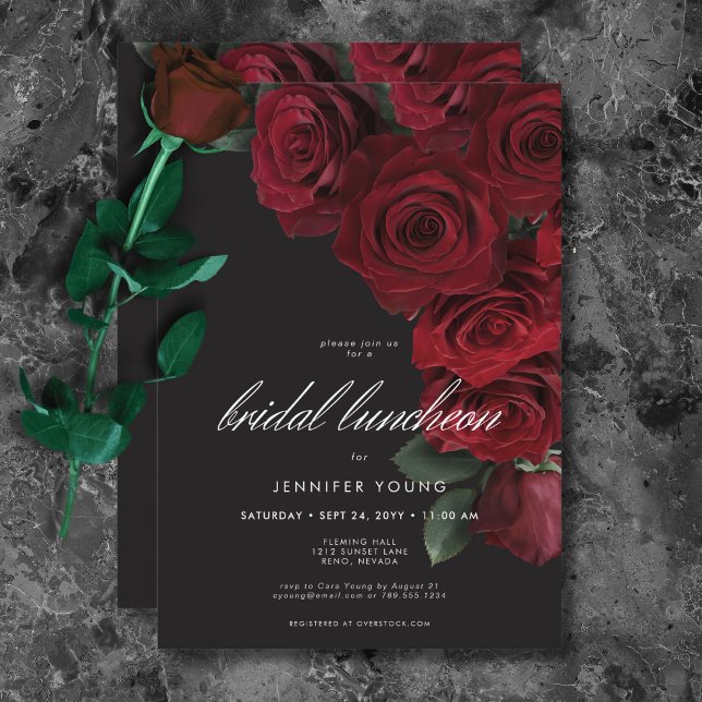 Elegant Moody Blood Ro Blommigt Möhippa Luncheon Inbjudningar (Elegant Moody Blood Roses Floral Bridal Luncheon Invitation)