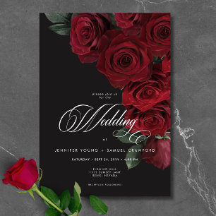 Elegant Moody Blood Röd ros Blommigt Bröllop Inbjudningar