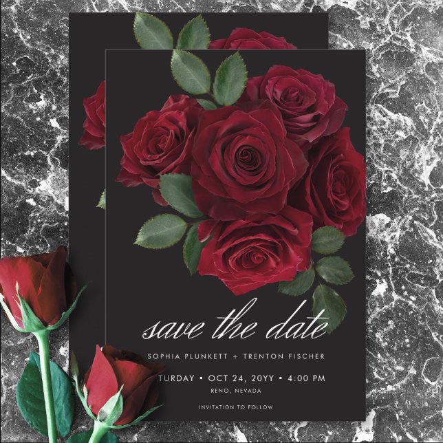 Elegant Moody Blood Röd ros Blommigt Bröllop Spara Datumet (Elegant Moody Blood Red Roses Floral Wedding Save The Date)