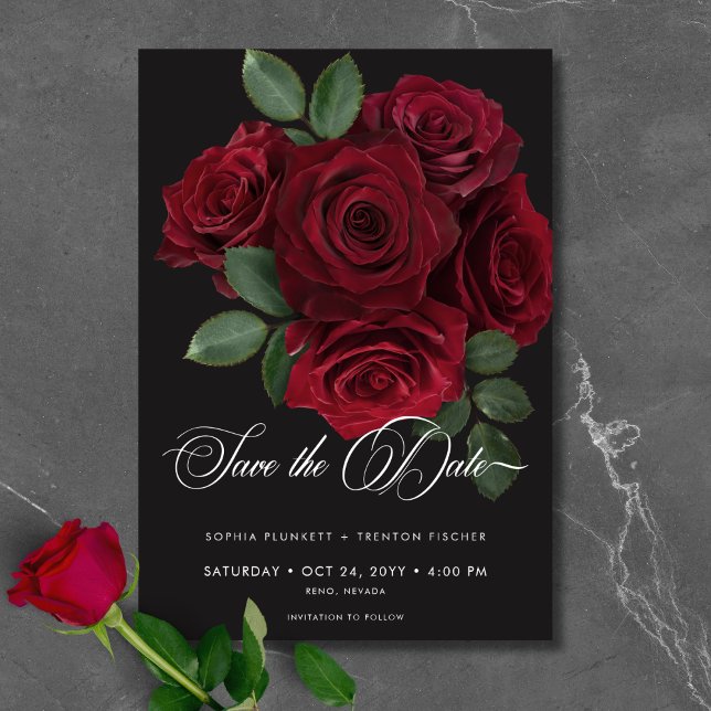 Elegant Moody Blood Röd ros Blommigt Bröllop Spara Datumet (Elegant Moody Blood Red Roses Floral Wedding Save The Date)
