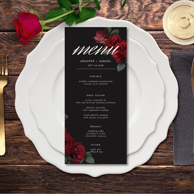 Elegant Moody Blood Röd ros Bröllop Meny (Elegant Moody Blood Red Roses Wedding Long Menu)
