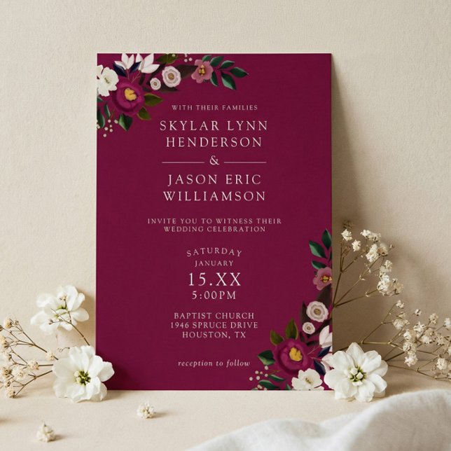 Elegant Moody Burgunder Vattenfärg Blommig Bröllop Inbjudningar (Elegant Moody Burgundy Watercolor Floral Wedding Invitation)