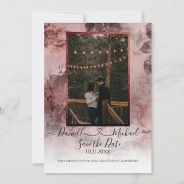 Elegant Moody Burgundy Blommigt-skript Heart Photo Spara Datumet