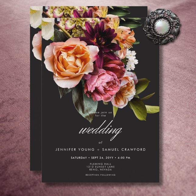 Elegant Moody Burgundy & Rosa Blommigt Bröllop Inbjudningar (Elegant Moody Burgundy & Pink Floral Wedding Invitation)