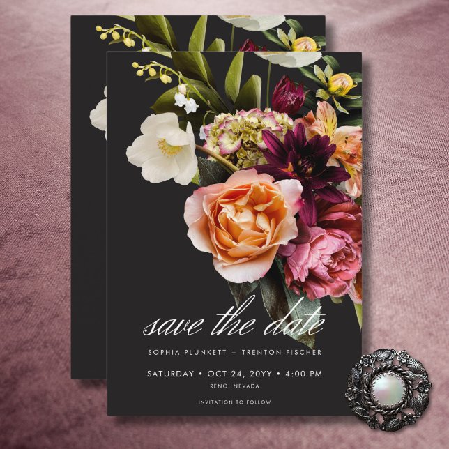 Elegant Moody Burgundy & Rosa Blommigt Bröllop Spara Datumet (Elegant Moody Burgundy & Pink Floral Wedding Save The Date)