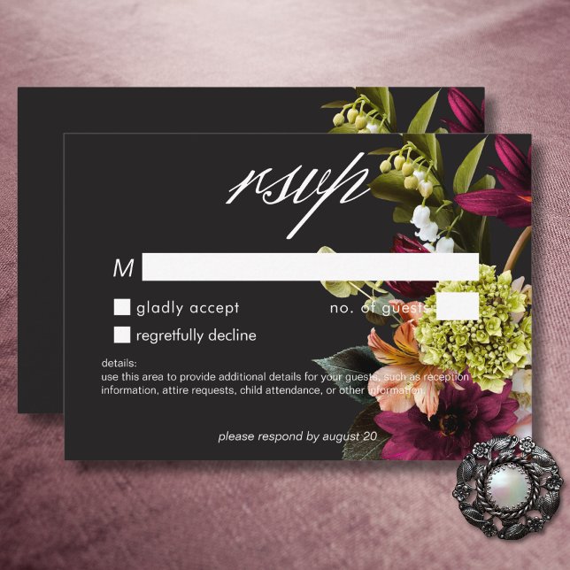Elegant Moody Burgundy & Rosa Blommigt, ingen midd OSA Kort (Elegant Moody Burgundy & Pink Floral No Dinner RSVP Card)