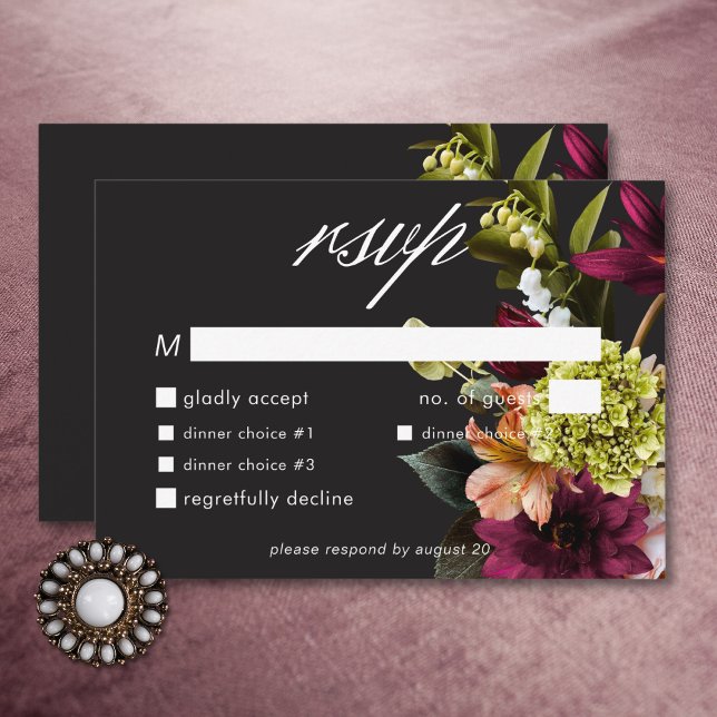 Elegant Moody Burgundy & Rosa Blommigt-middag OSA Kort (Elegant Moody Burgundy & Pink Floral Dinner RSVP Card)