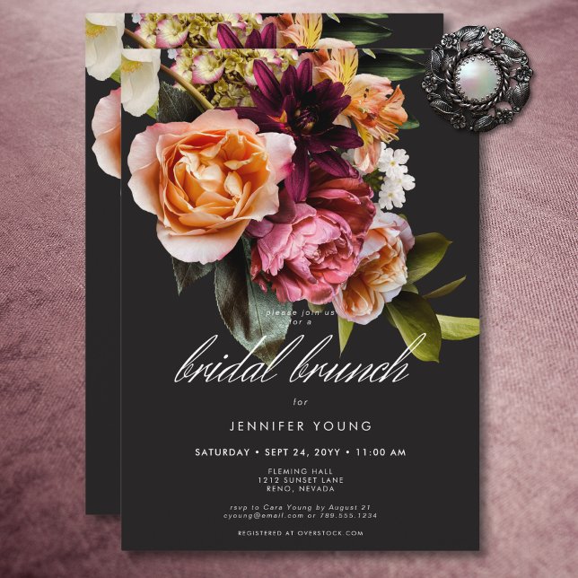 Elegant Moody Burgundy & Rosa Blommigt Möhippa Bru Inbjudningar (Elegant Moody Burgundy & Pink Floral Bridal Brunch Invitation)