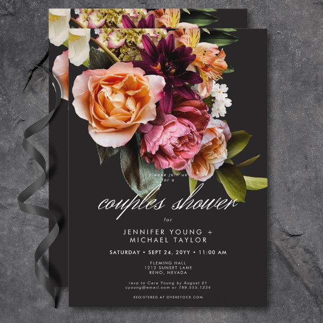 Elegant Moody Burgundy Rosa Blommigt Par Shower Inbjudningar (Elegant Moody Burgundy Pink Floral Couples Shower Invitation)