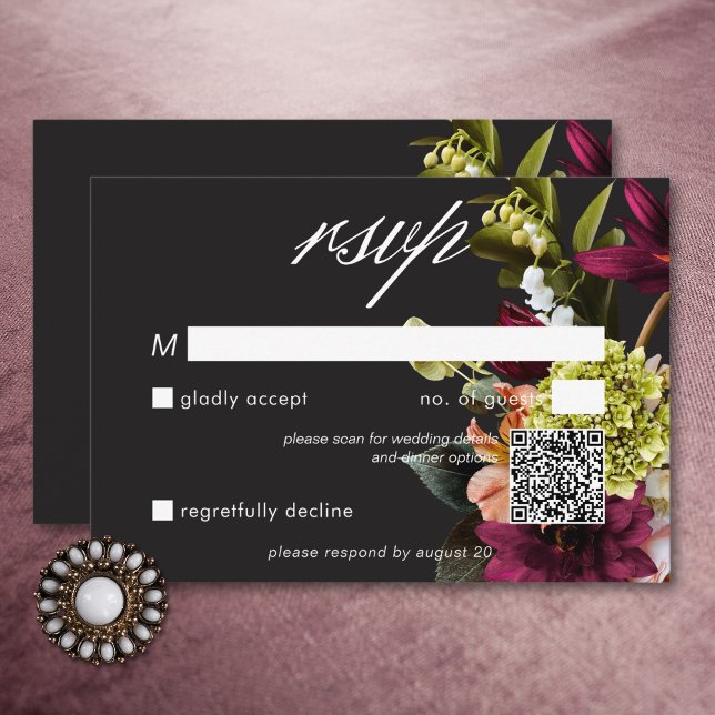 Elegant Moody Burgundy & Rosa Blommigt QR-kod OSA Kort (Elegant Moody Burgundy & Pink Floral QR Code RSVP Card)
